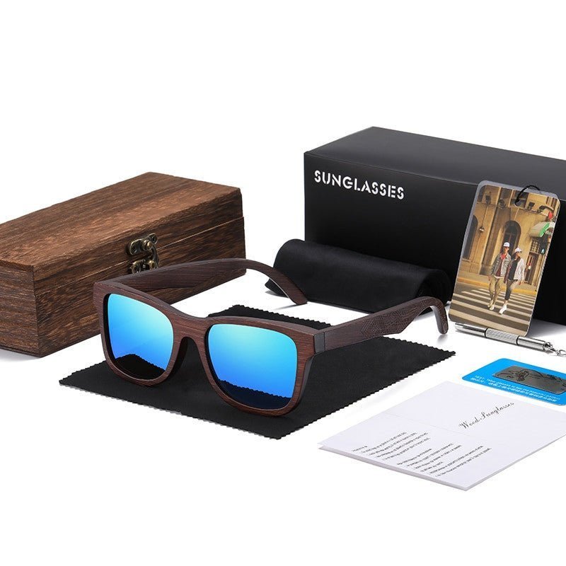 GM Handmade Bamboo Polarised Sunglasses by Adistore with natural wood frames and dark polarized lenses.
