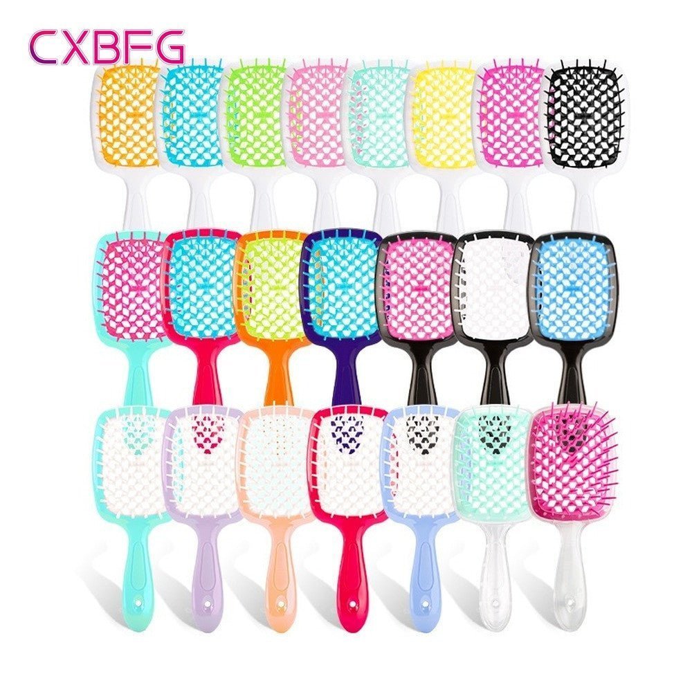 Adistore detangling hair brush for wet and curly hair with massage hollow comb design, showcasing smooth, curly hair.