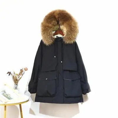 Women's winter jacket with large natural fox fur hood, Adistore ladies jacket in a stylish and warm winter design.