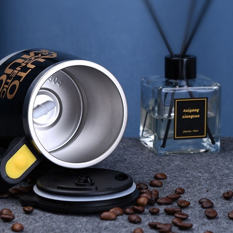 Adistore automatic self-stirring mug with stainless steel body, magnetic mixing mechanism, and lid for coffee or tea.