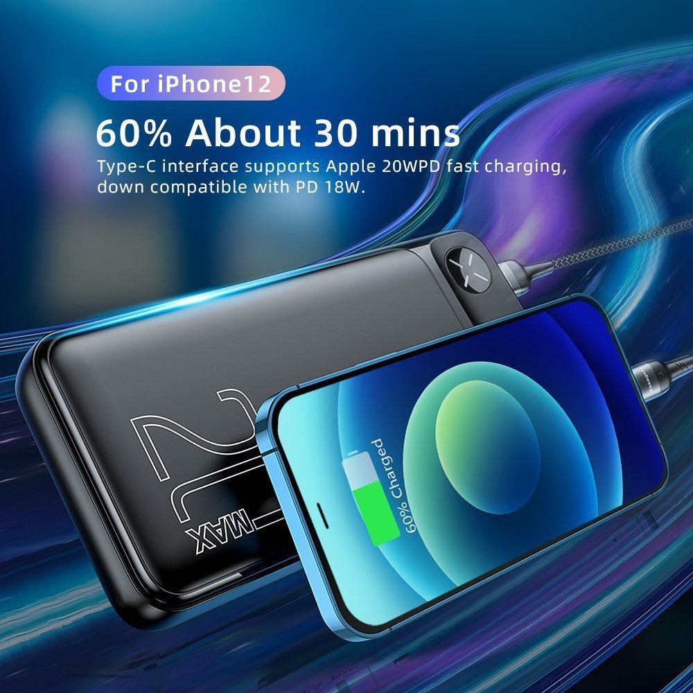 Black Essager 20000mAh power bank by Adistore with PD and QC 3.0 fast charging ports, compact and portable design.