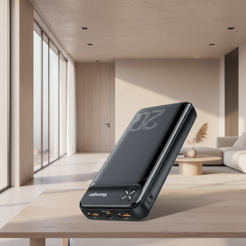 Black Essager 20000mAh power bank by Adistore with PD and QC 3.0 fast charging ports, compact portable design.