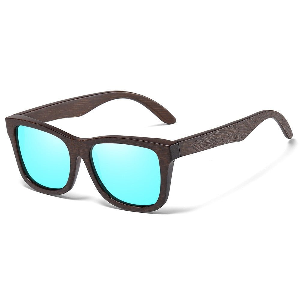 GM Handmade Bamboo Polarised Sunglasses by Adistore with natural wood shades, featuring round frames and tinted lenses.