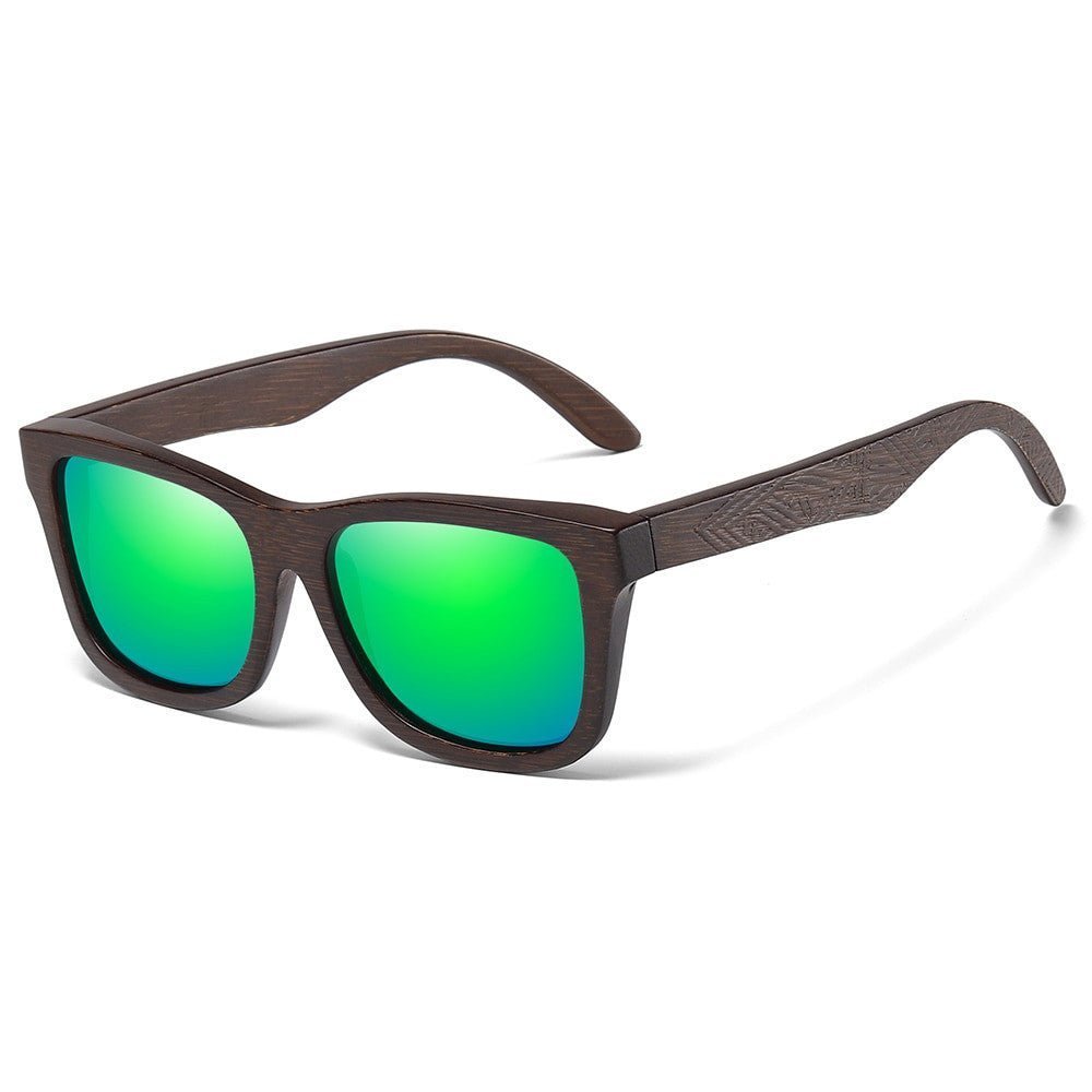GM Handmade Bamboo Polarised Sunglasses by Adistore with natural wood frames and dark tinted lenses.