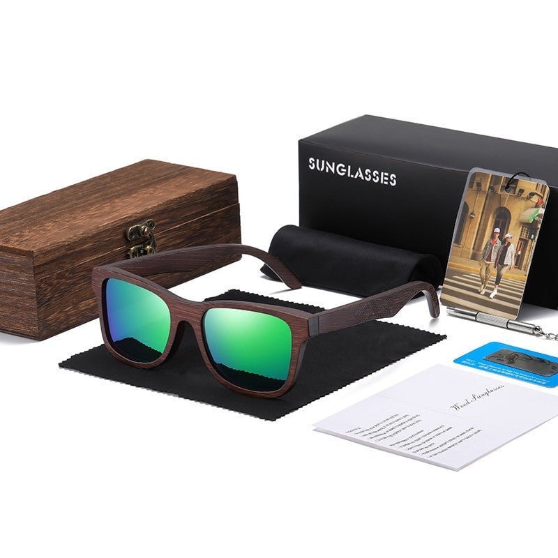 GM Handmade Bamboo Polarised Sunglasses from Adistore with natural wood frame and tinted lenses, stylish and eco-friendly eyewear.