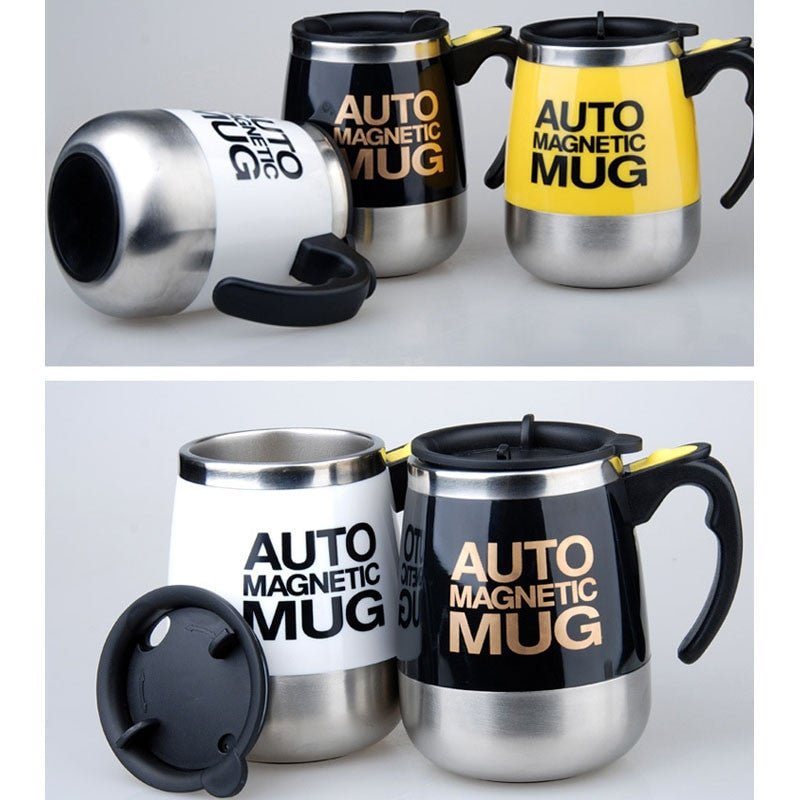 Adistore automatic self-stirring mug with stainless steel body and magnetic mixing mechanism for easy coffee stirring.