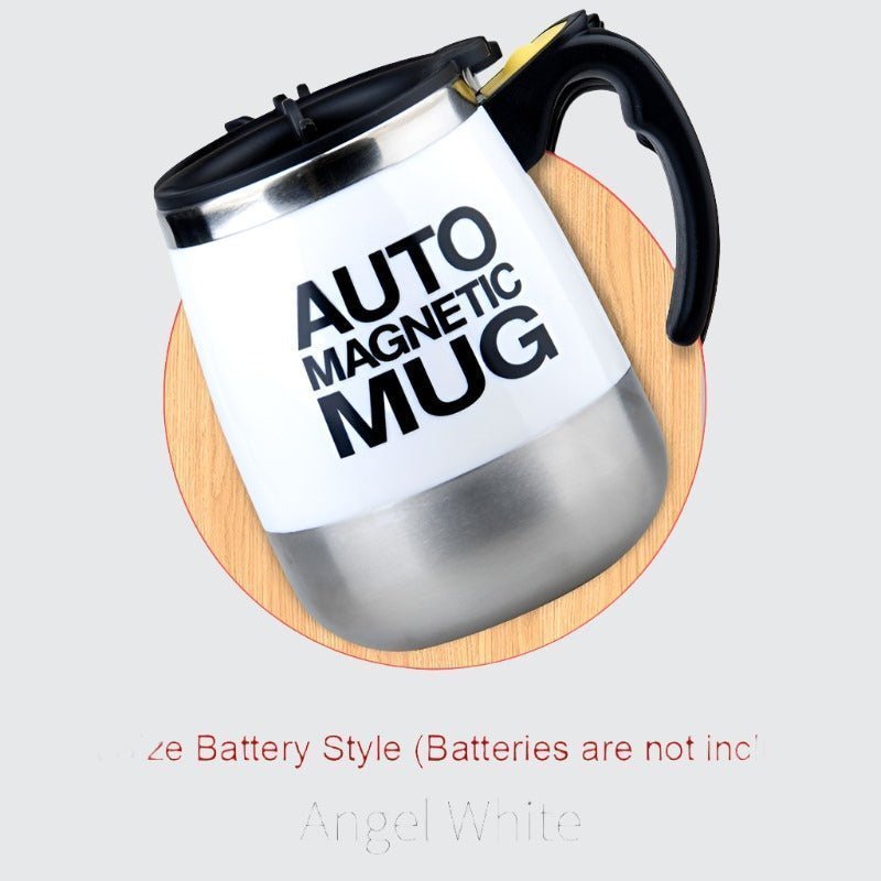 Adistore automatic self-stirring coffee mug with magnetic mixing, stainless steel construction, and ergonomic design.