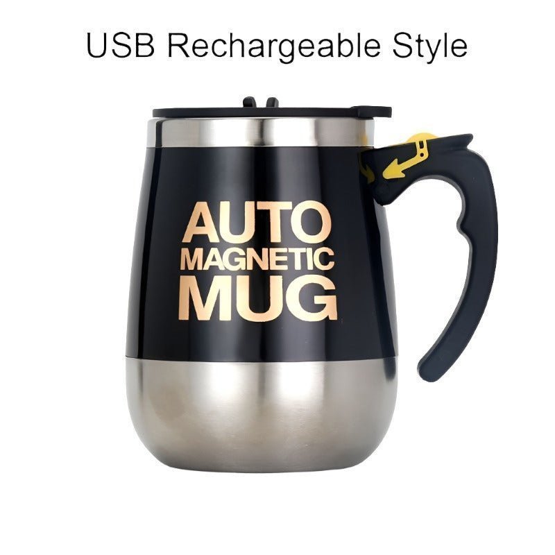 Automatic self-stirring mug by Adistore, stainless steel coffee cup with magnetic mixing mechanism and sleek design.