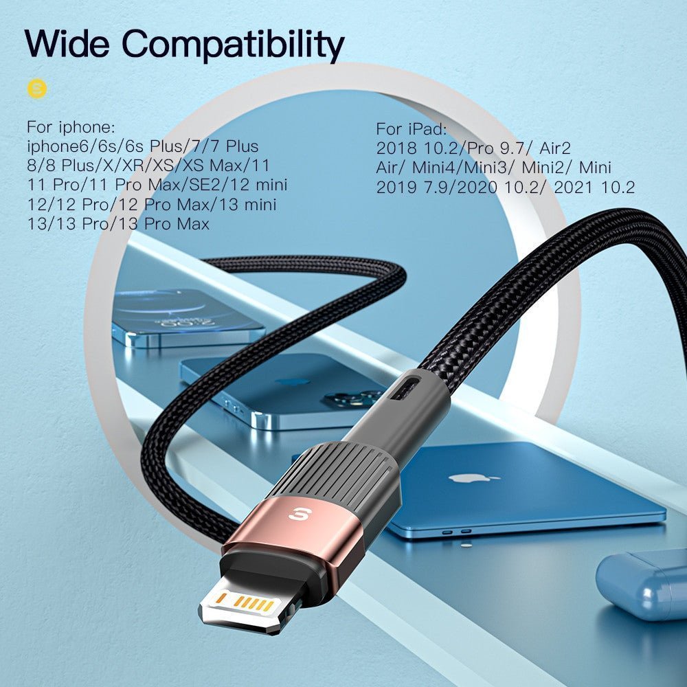 Adistore fast charging USB cable for iPhone 11, 12, 13 Pro Max, showing the cable connected to an iPhone with a USB port