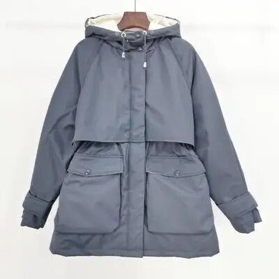 women's winter jacket with fox fur hood - stylish gray coat with large natural fox fur hood and functional pockets