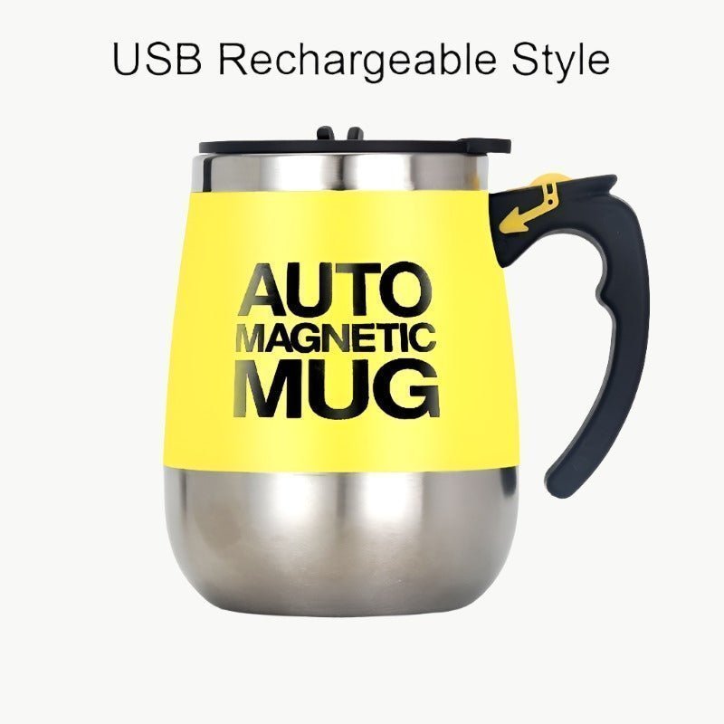 Adistore stainless steel self-stirring mug with magnetic mixer and lid, ideal for coffee or tea, on a white background.