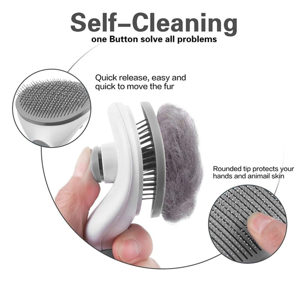Auto self-cleaning pet hair brush by Adistore for dogs and cats, featuring easy grooming with a sleek handle and hair removal mechanism.