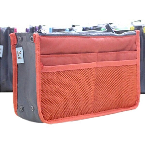 Adistore women’s nylon makeup organiser tote with multiple compartments, travel insert handbag purse for cosmetics and beauty essentials.