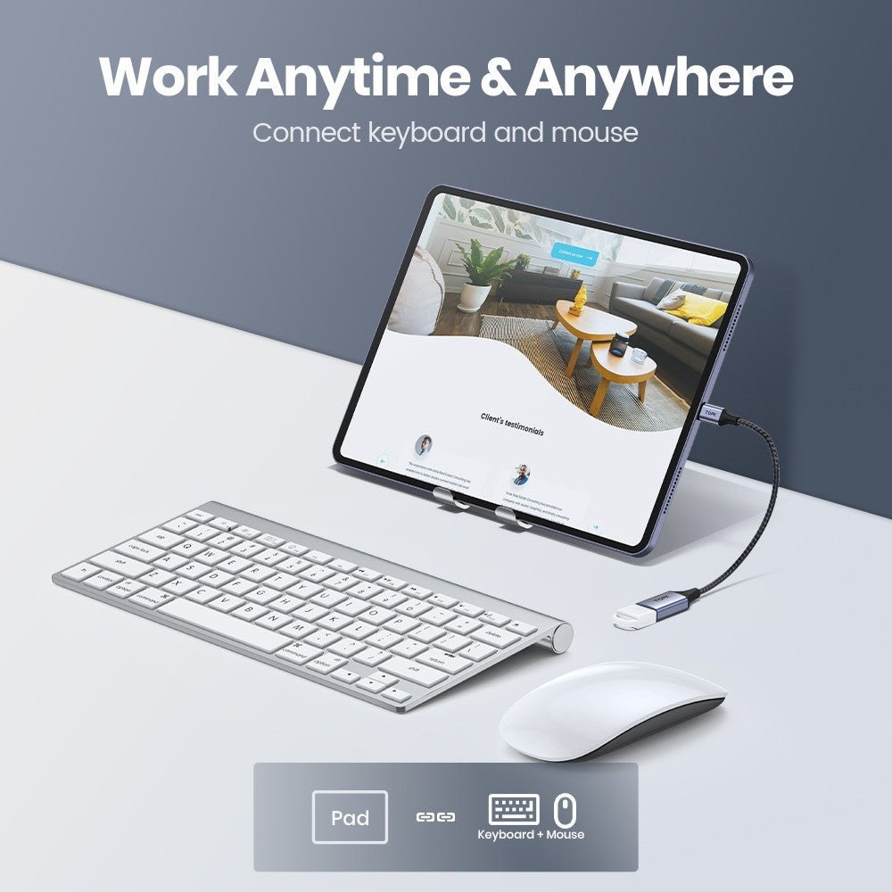 Adistore USB-C to USB adapter for MacBook Pro and Samsung, male to female cable, shown connected to devices.