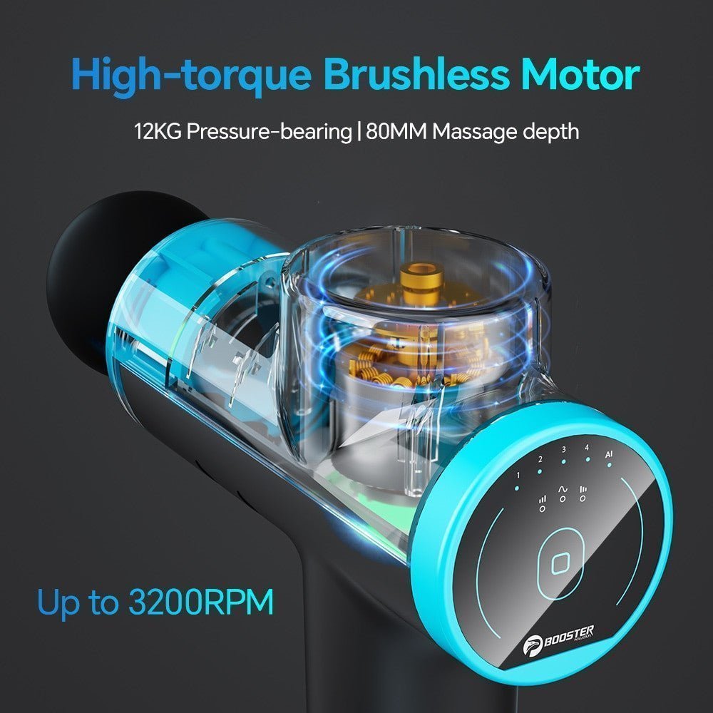 Adistore BOOSTER M2-12V massage gun with LCD display, deep muscle massager and ergonomic handle for targeted relief.