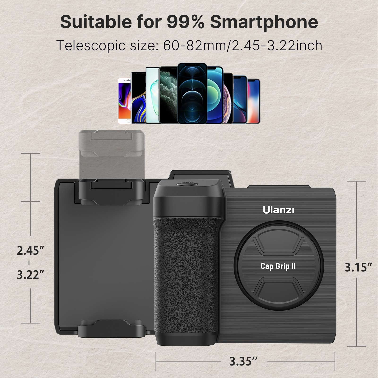 Ulanzi CapGrip II smartphone selfie booster with Bluetooth remote in hand, showing ergonomic design and compact size for selfies.