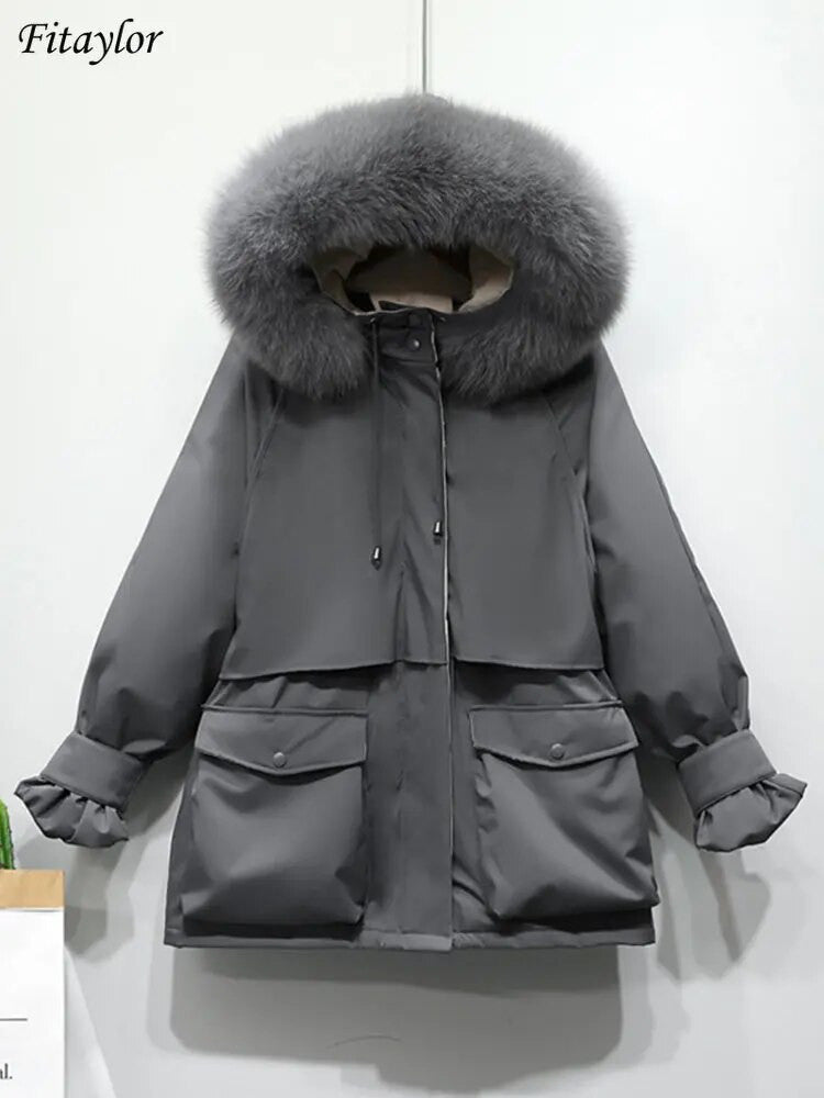 Adistore women's winter jacket with large natural fox fur hood, stylish ladies jacket perfect for cold weather.