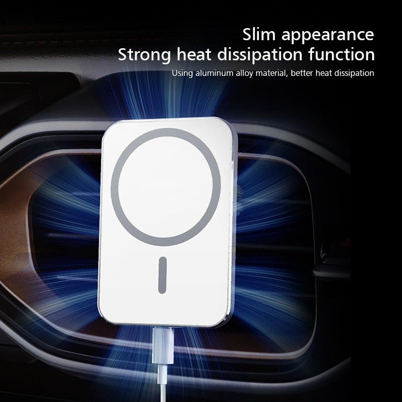 Adistore 15W magnetic wireless car charger mount with fast charging for iPhone 12, holding the phone securely in a car dashboard.