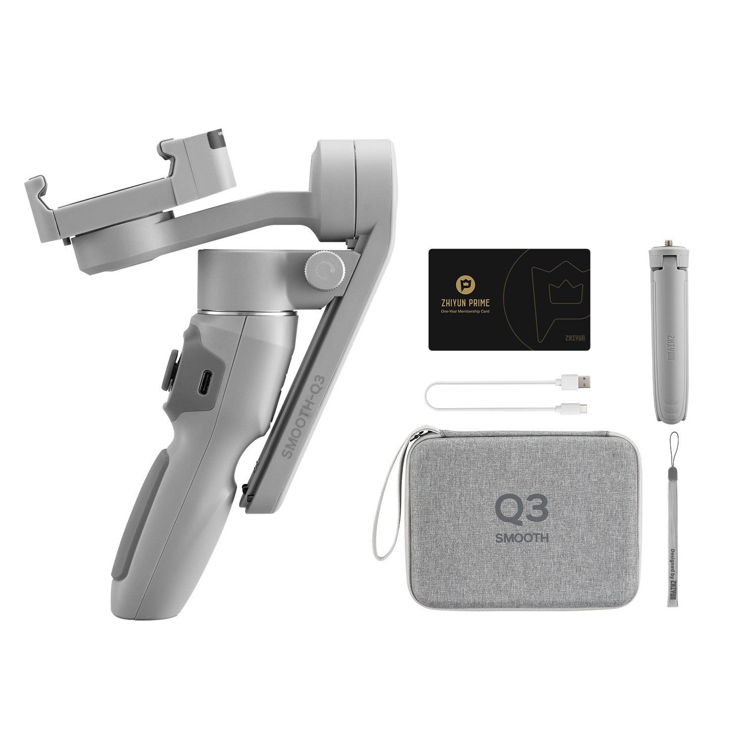 ZHIYUN SMOOTH Q3 phone stabilizer for iPhone and Android, showing the gimbal with smartphone mounted for smooth video recording.