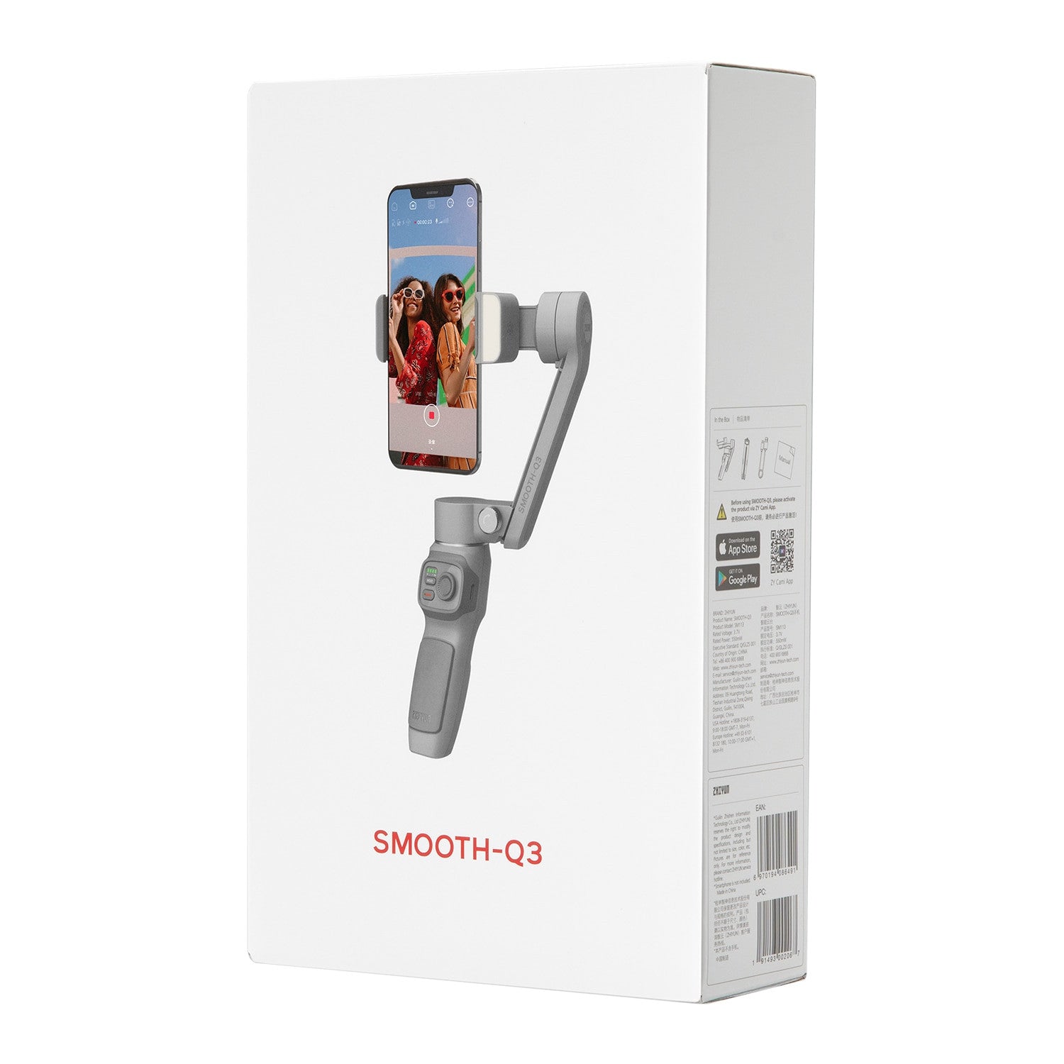 Zhiyun Smooth Q3 phone stabilizer gimbal for iPhone and Android smartphones, showcasing its compact design and handle.