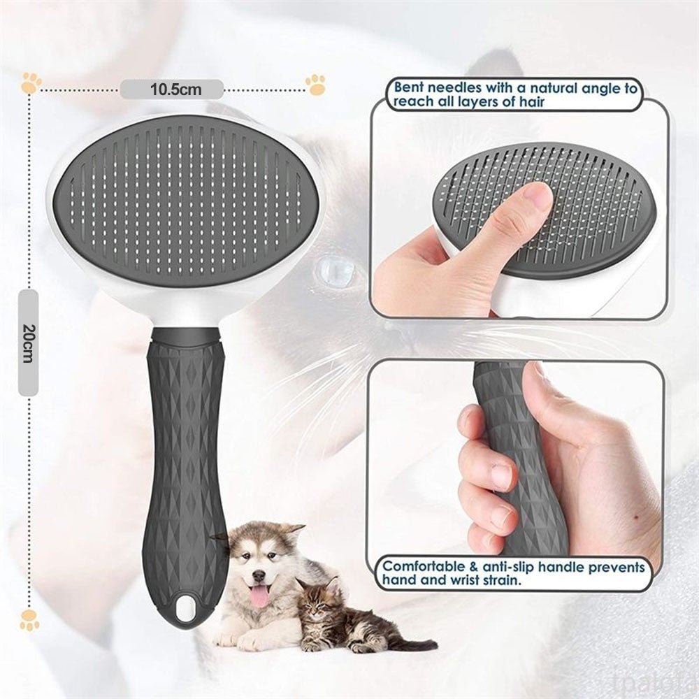 Auto self-cleaning pet hair brush for dogs and cats by Adistore, featuring a comfortable handle and stainless steel bristles for easy grooming.