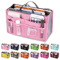 Adistore women’s nylon makeup organiser tote with multiple compartments, travel insert handbag purse for cosmetics and beauty essentials.