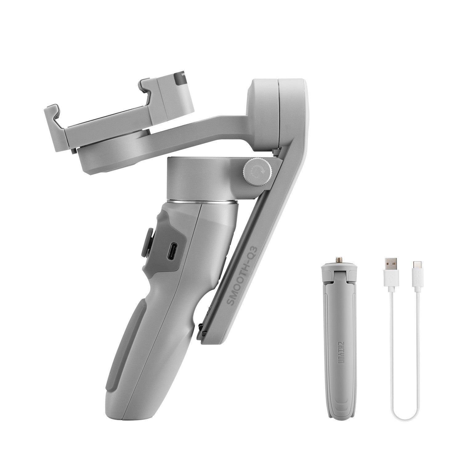 Zhiyun Smooth Q3 gimbal phone stabilizer for iPhone and Android, showing the handheld device with mounted smartphone for smooth video.