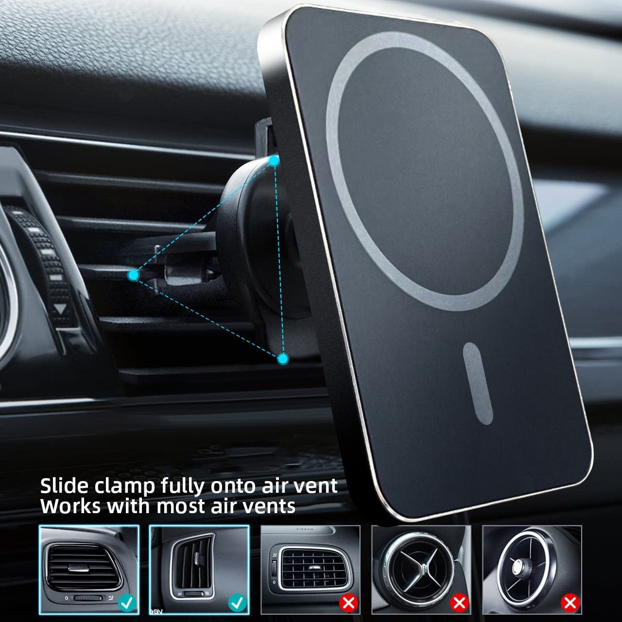 Adistore 15W magnetic wireless car charger mount with fast charging for iPhone 12, showing the charger mounted in a vehicle.