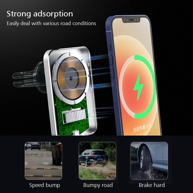 Adistore 15W magnetic wireless car charger mount with fast charging for iPhone 12, holding the phone securely in a car mount.
