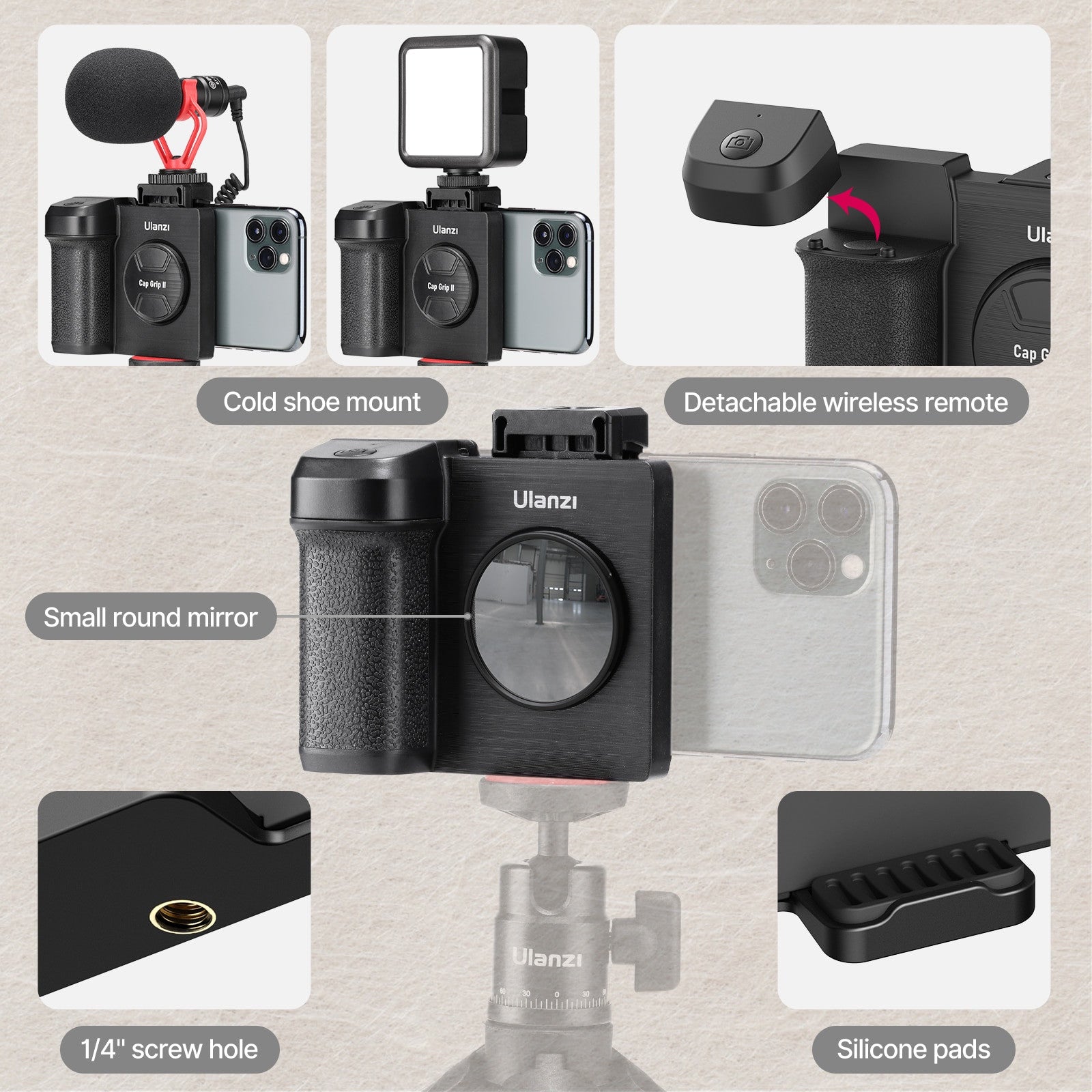 Ulanzi CapGrip II smartphone selfie booster with Bluetooth remote, handheld device for easy selfies and photo capturing.