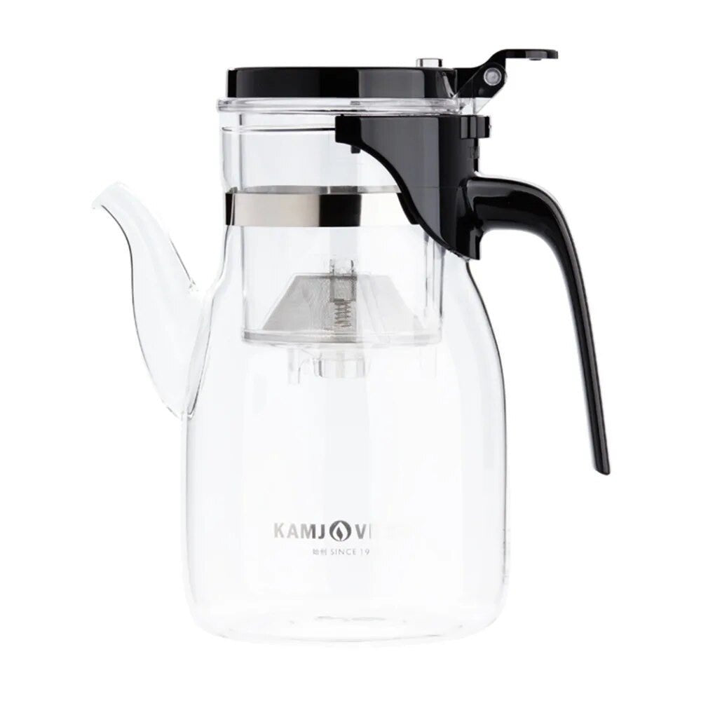 Clear 900ml glass tea cup with infuser, elegant design, perfect for brewing and serving tea in a stylish, modern teapot.