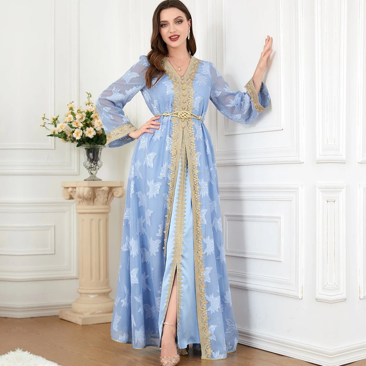 Siskakia Elegant Muslim Abaya Set – 2 Pieces Floral Embroidery Dress