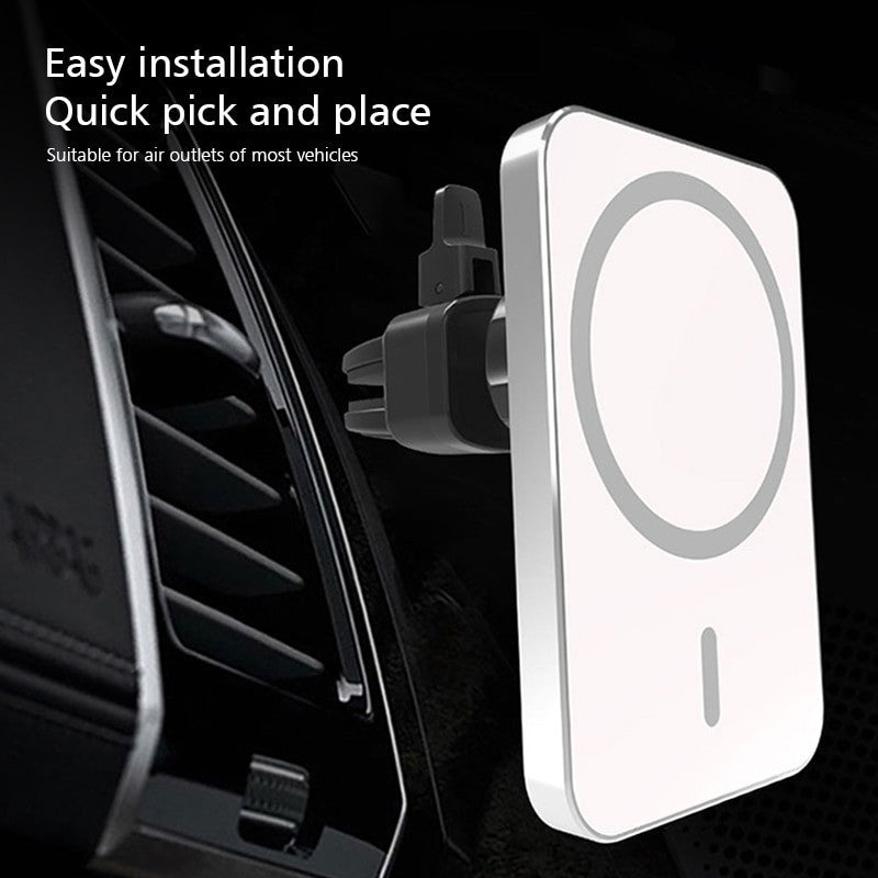 Adistore 15W magnetic wireless car charger mount with fast charging for iPhone 12, showing the mount attached to a car dashboard.