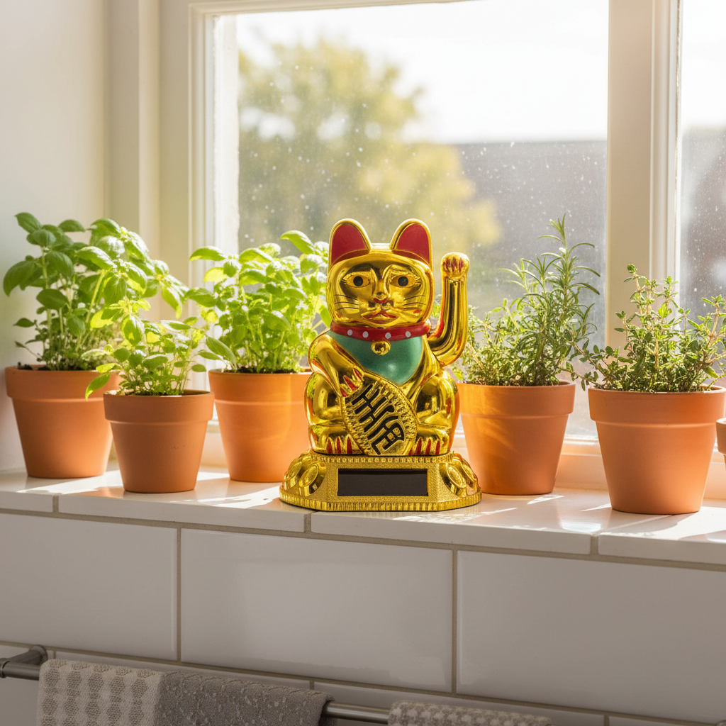 Qiilu Solar Waving Fortune Cat Ornament for Home Decor
