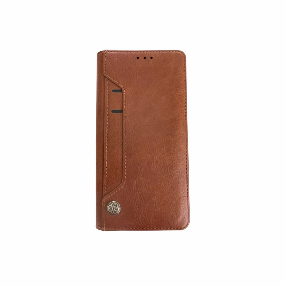 Samsung Galaxy A34 5G brown leather book flip case by Phone Base, showing front cover with card slots and secure closure.