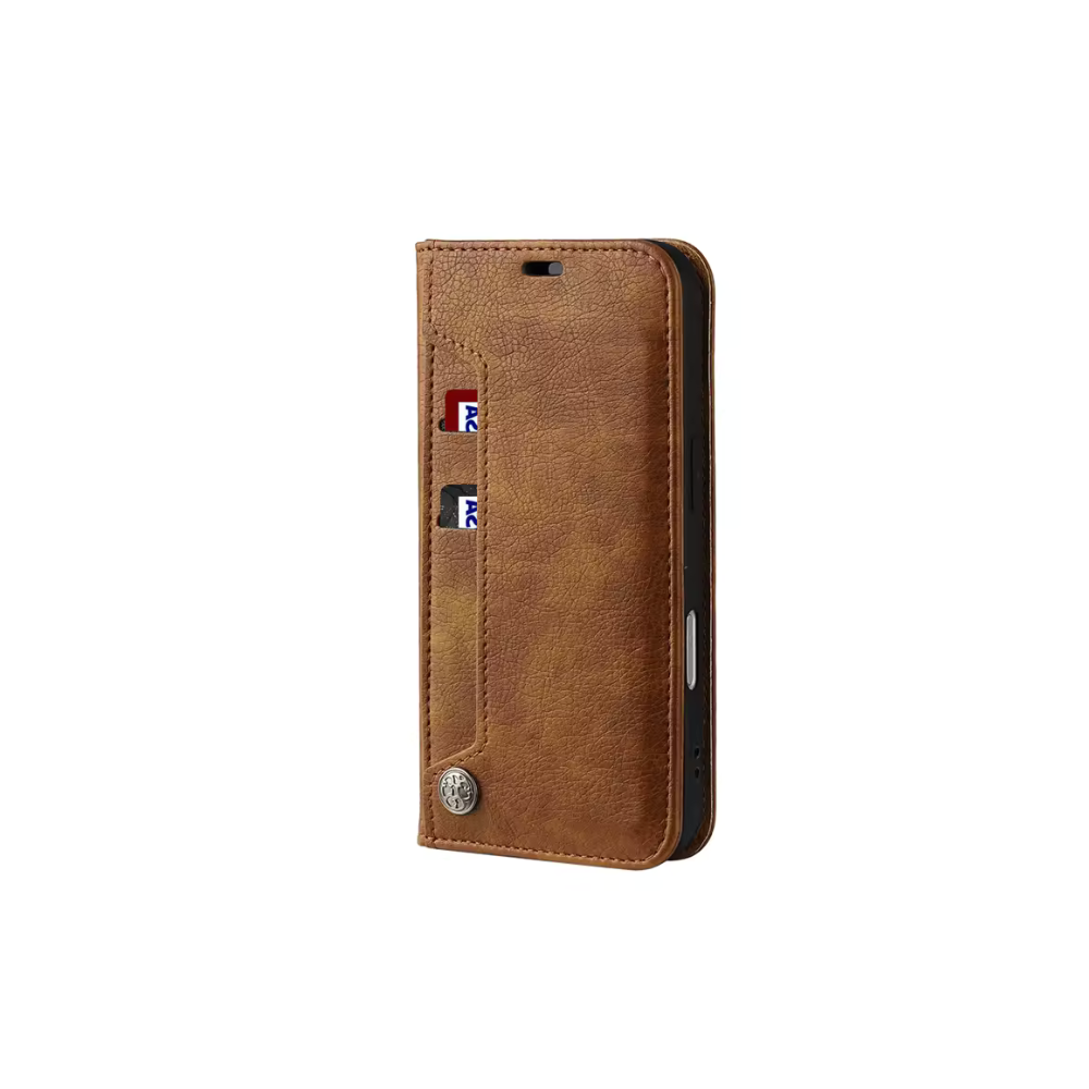 Brown Samsung Galaxy A34 Book Flip Case by Phone Base with leather wallet design and folio cover for added protection.