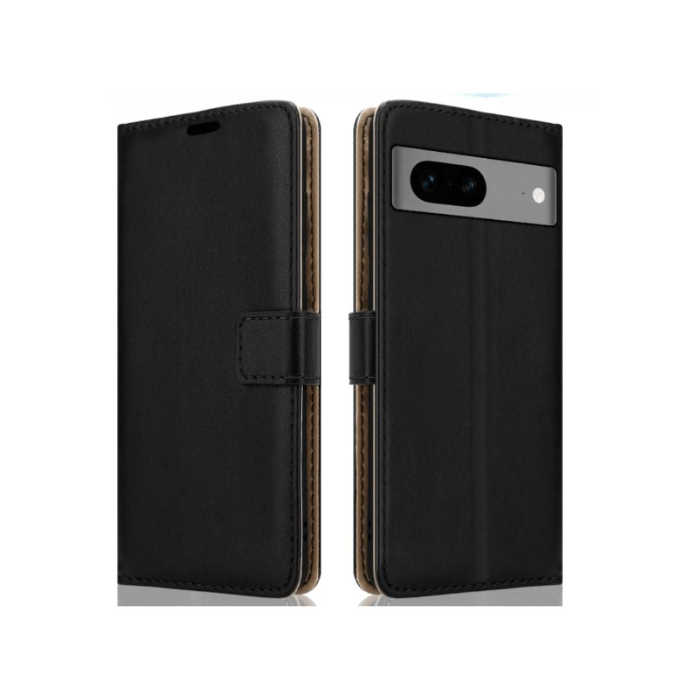 Black Google Pixel 8 Pro book flip case with leather wallet and kickstand by Phone Base, showing front view with card slots.