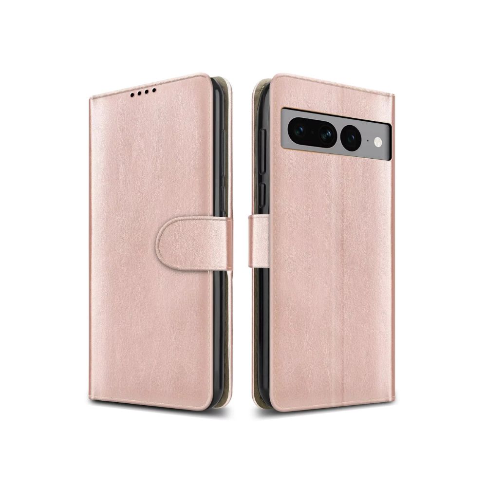 Google Pixel 8 Book Flip Case by Phone Base featuring leather wallet design with a rose gold finish and built-in kickstand.