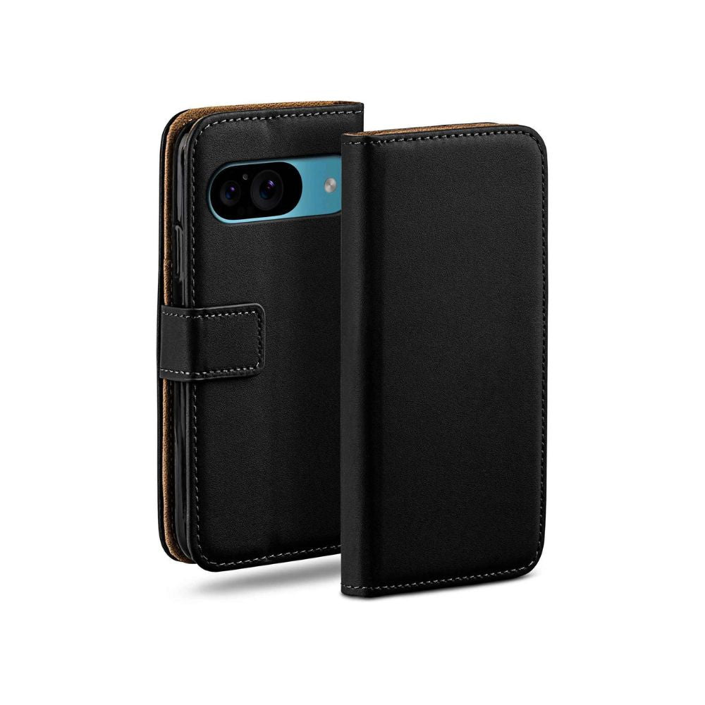 Google Pixel 9a Book Flip Case Leather Wallet by Phone Base, black leather phone case with flip cover and card slots.