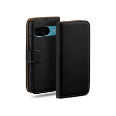 Google Pixel 9a Book Flip Case Leather Wallet by Phone Base, black leather phone case with flip cover and card slots.