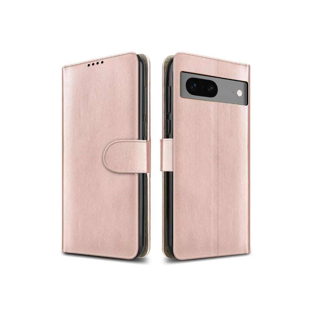 Google Pixel 9a book flip case by Phone Base in rose gold, featuring leather wallet design with card slots and protective cover.