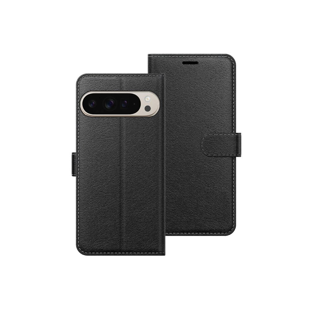 Google Pixel 9 Pro flip leather wallet book case by Phone Base, black with card slots and secure cover for phone protection.