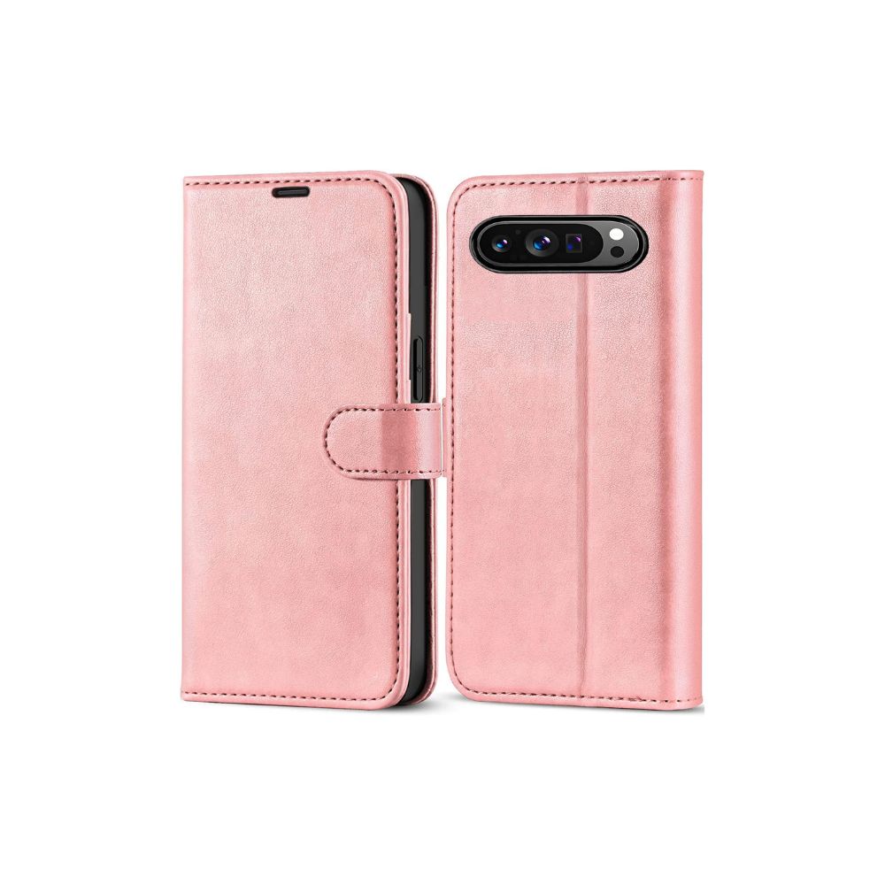 Google Pixel 9 Pro leather wallet flip case by Phone Base with rose gold finish, featuring card slots and protective cover.