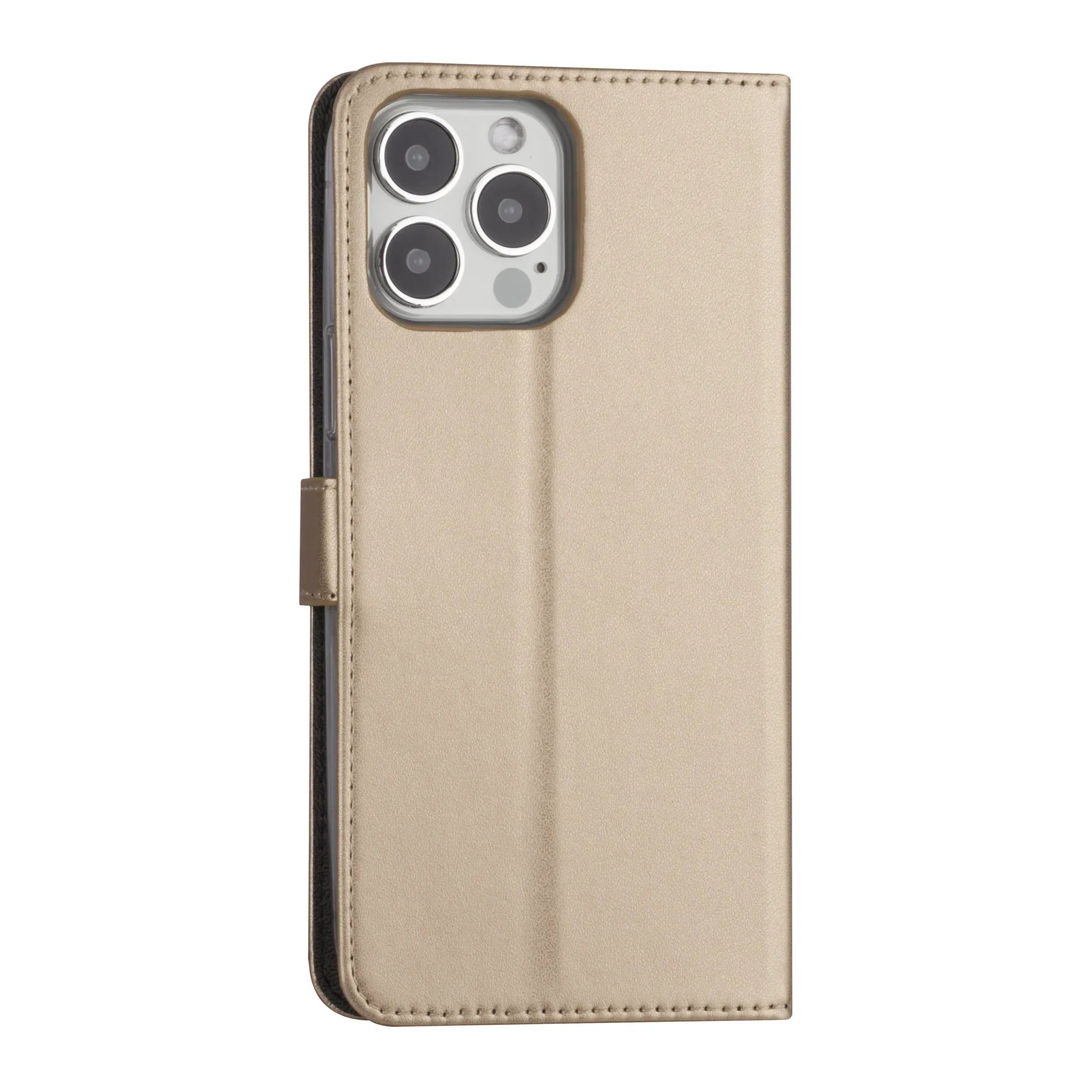 Gold leather flip book case for iPhone 13 Pro Max by Phone Base, featuring a wallet-style design with card slots and protective cover.