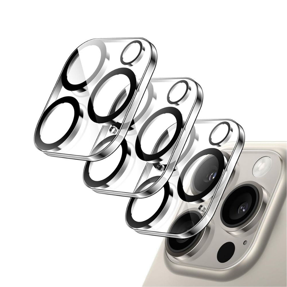Phone Base iPhone 14 Pro camera lens protector for full lens protection on iPhone 12-16 models, shown on a silver iPhone.