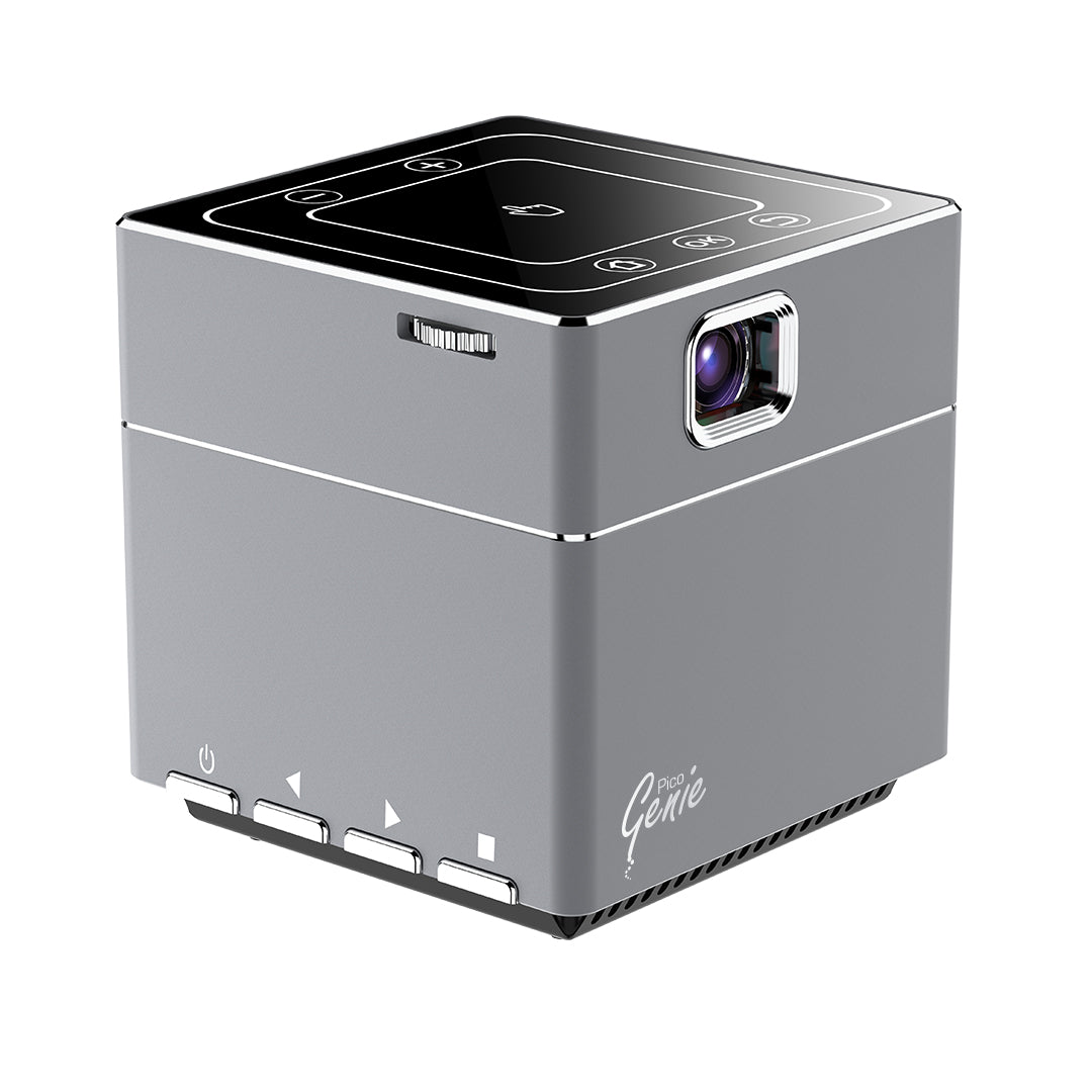 Personal Projector Pico Genie Impact 2.0 Plus ELITE portable smart LED projector displaying a bright projection on a wall.