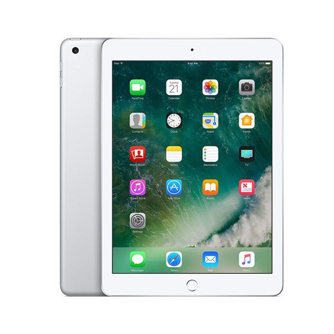 Refurbished iPad 6 (2018) 128GB Wi-Fi from RefurbPhone, showing front screen and sleek silver design.