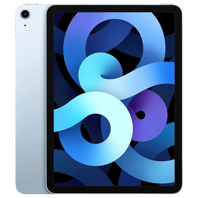 Refurbished blue iPad Air 4 (2020) tablet with 256GB Wi-Fi from RefurbPhone, showing front view with screen on.