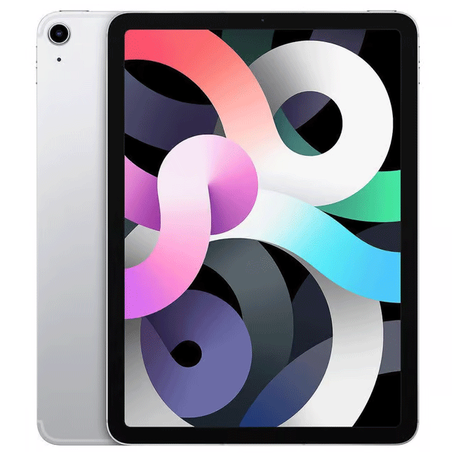Refurbished iPad Air 4 (2020) in Silver, 256GB Wi-Fi tablet from RefurbPhone, showing front view with screen turned on.
