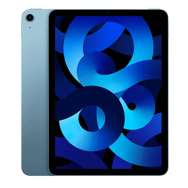 Refurbished blue iPad Air 5 (2022) with 256GB storage, Wi-Fi + Cellular, unlocked tablet from RefurbPhone.